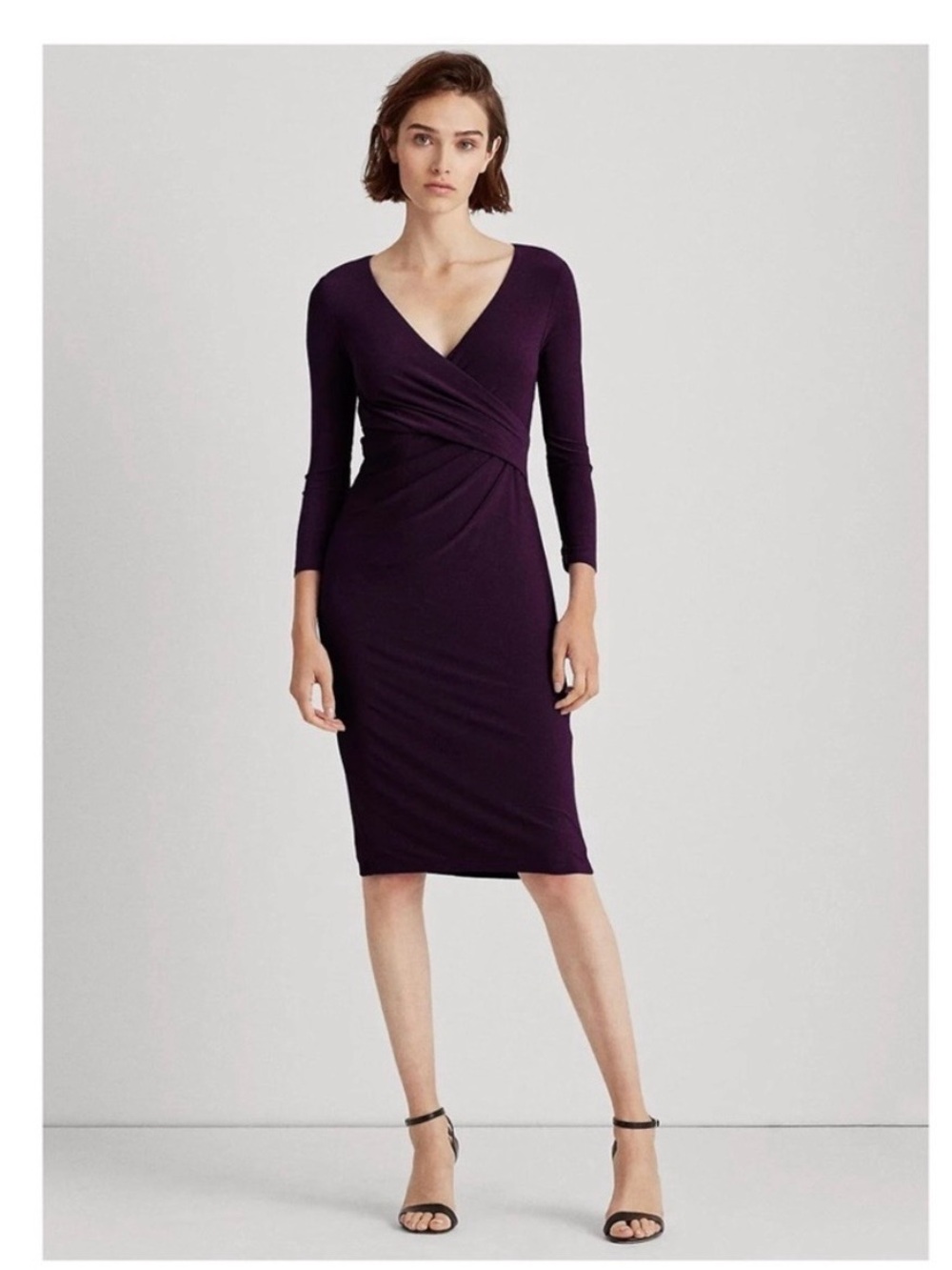 Lauren Ralph Lauren Plum V Neck Jersey Wrap Bodice Midi Dress
